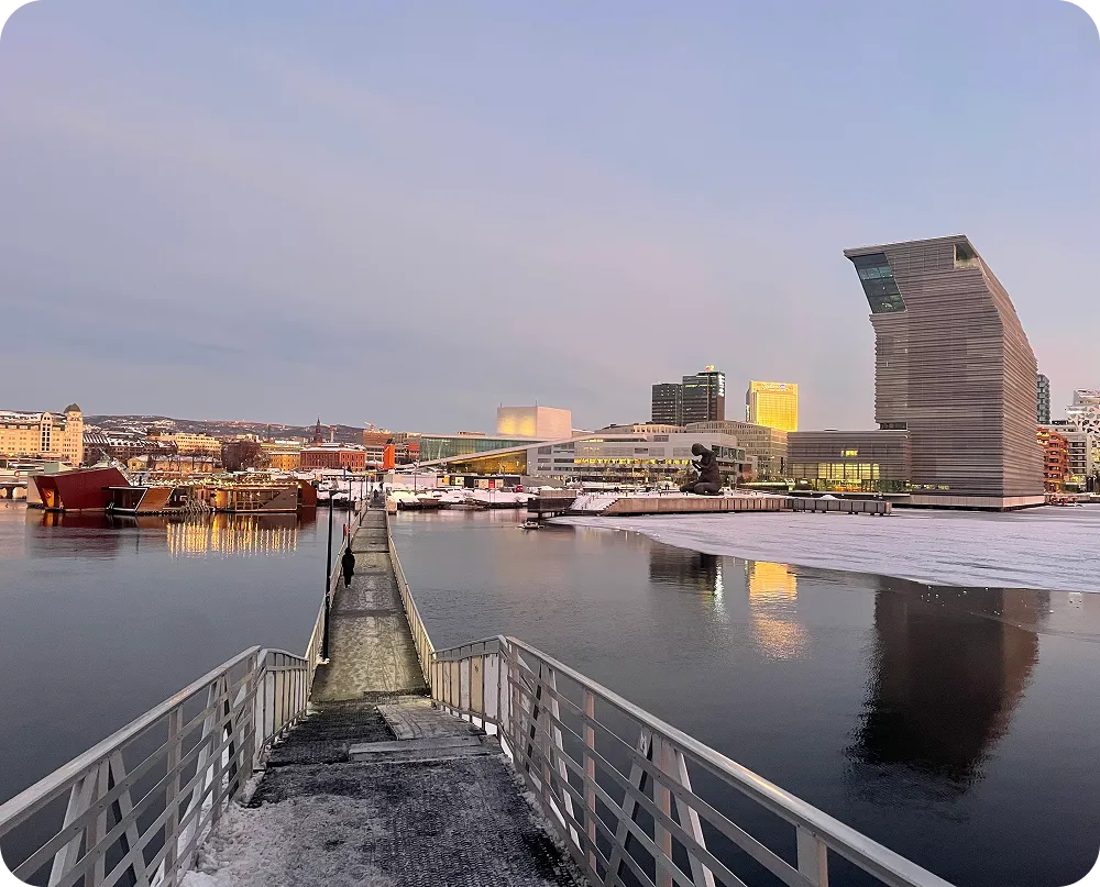Aker Brygge waterfront in Oslo with harbour and modern buildings