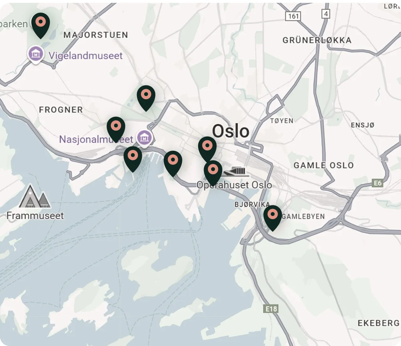 Oslo sightseeing map showing attractions, museums and viewpoints