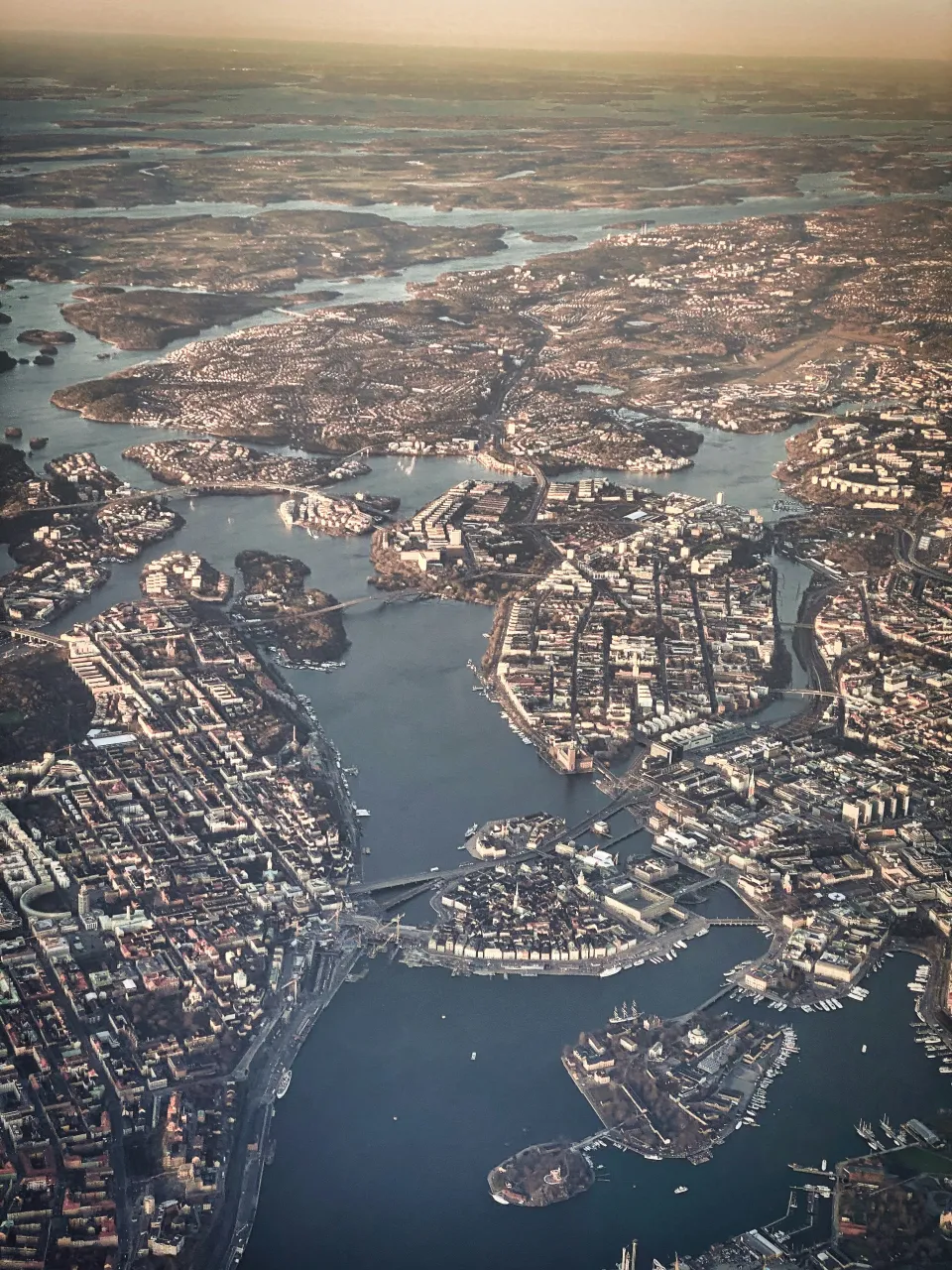 Aerial view of Stockholm city and archipelago with islands, waterways and historic city center