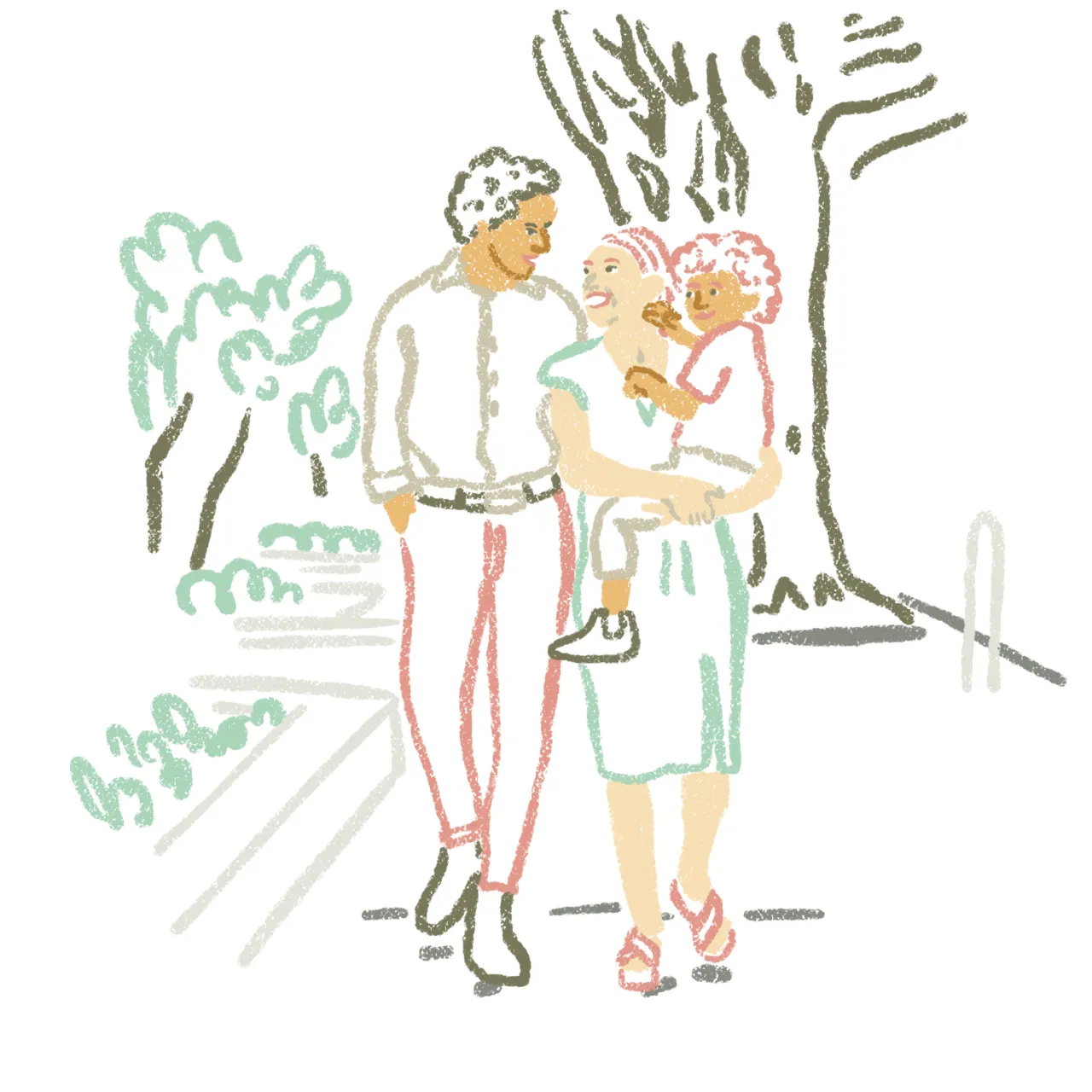 Illustration of family walking together in a park, parents and child enjoying city nature