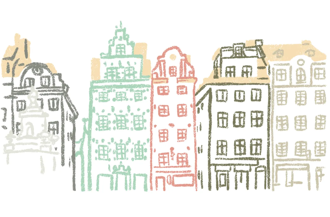 Illustration of colorful historic buildings in Gamla Stan, Stockholm old town district