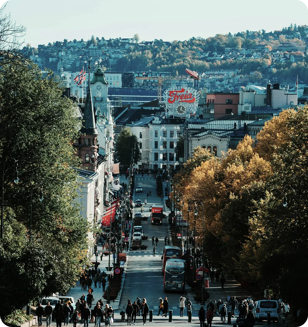 Pedestrian bridge in Oslo with city skyline and waterfront