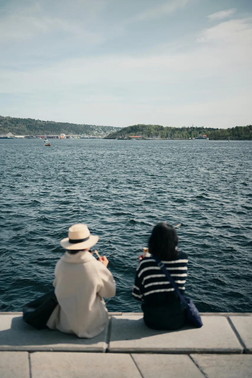 People sitting by the Oslo waterfront looking out over the fjord