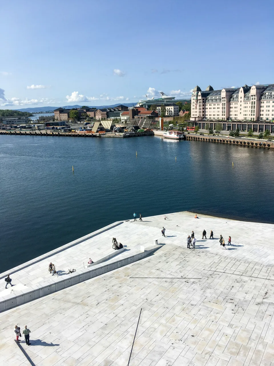 View from Oslo Opera House rooftop overlooking the harbour and city skyline