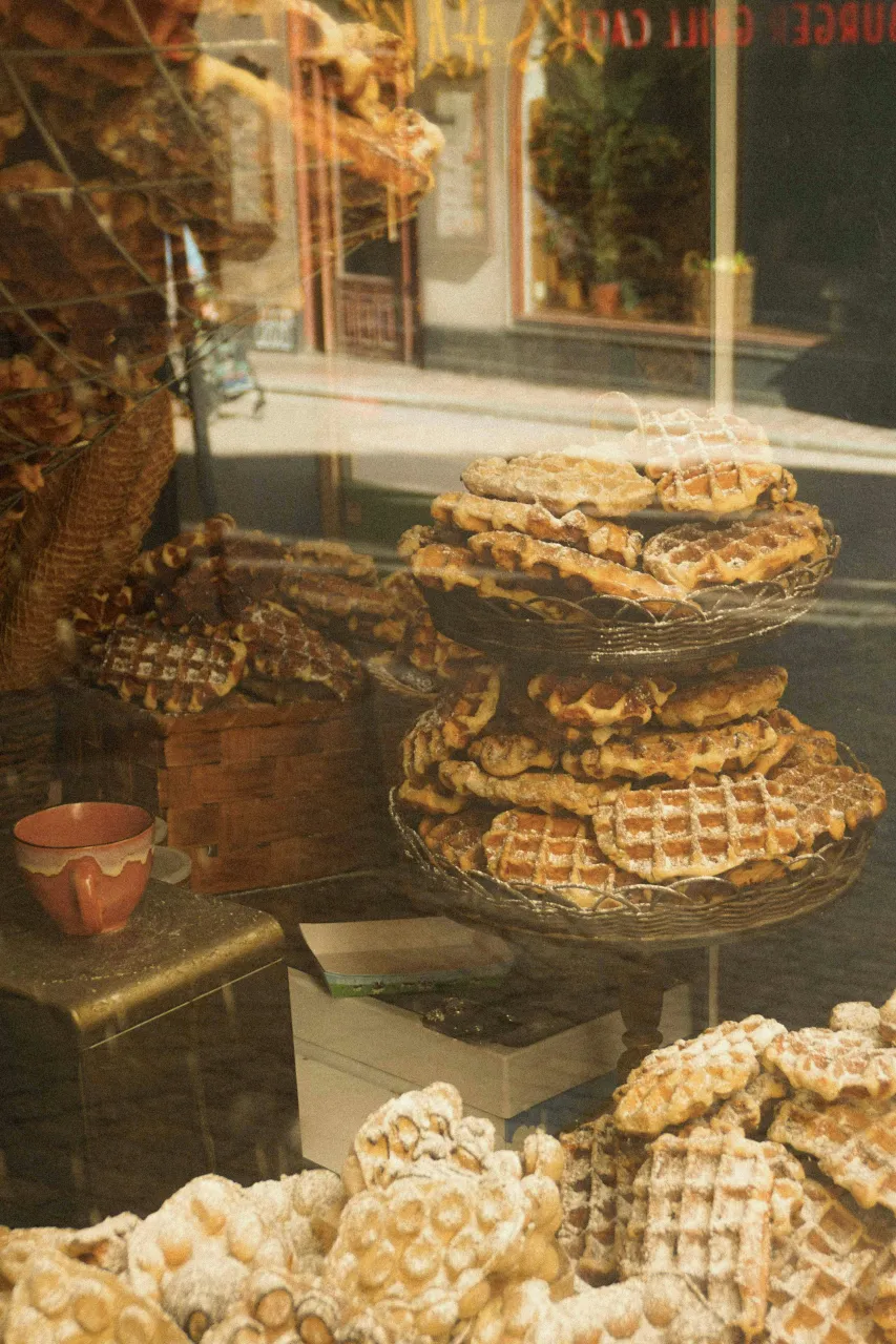 Pastries displayed in a Stockholm bakery window