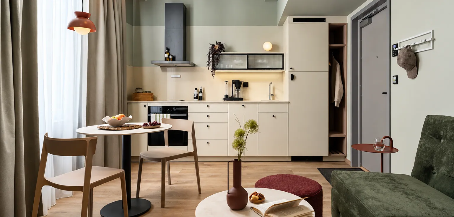 Modern furnished Vander apartment with kitchen and living area